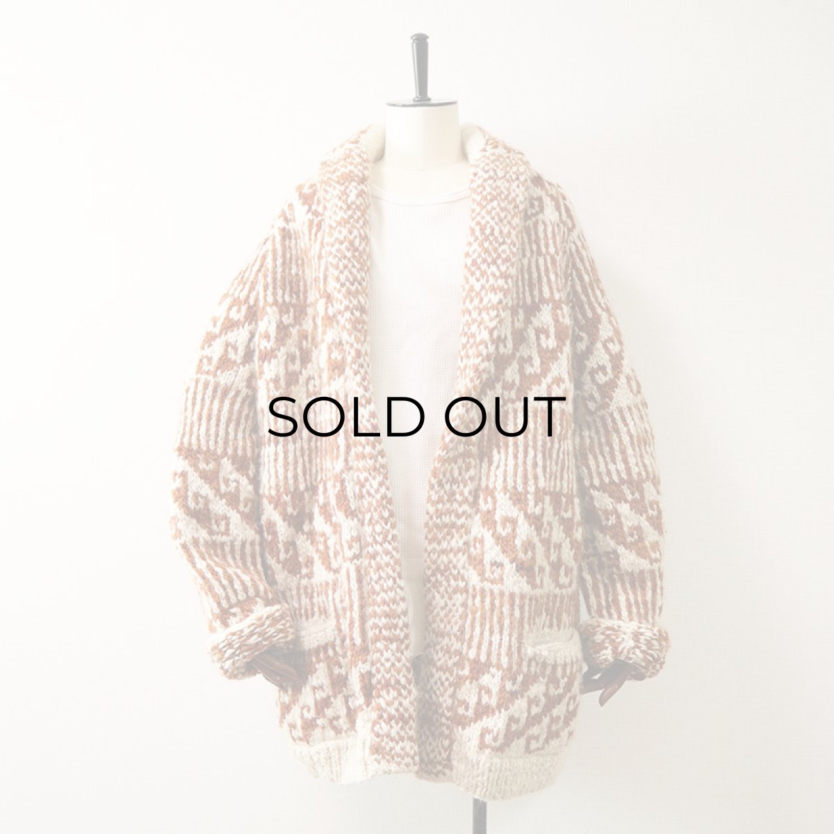 画像1: OLD UNKNOWN BRAND WOOL HAND KNIT SHAWL COLLAR CARDIGAN (1)