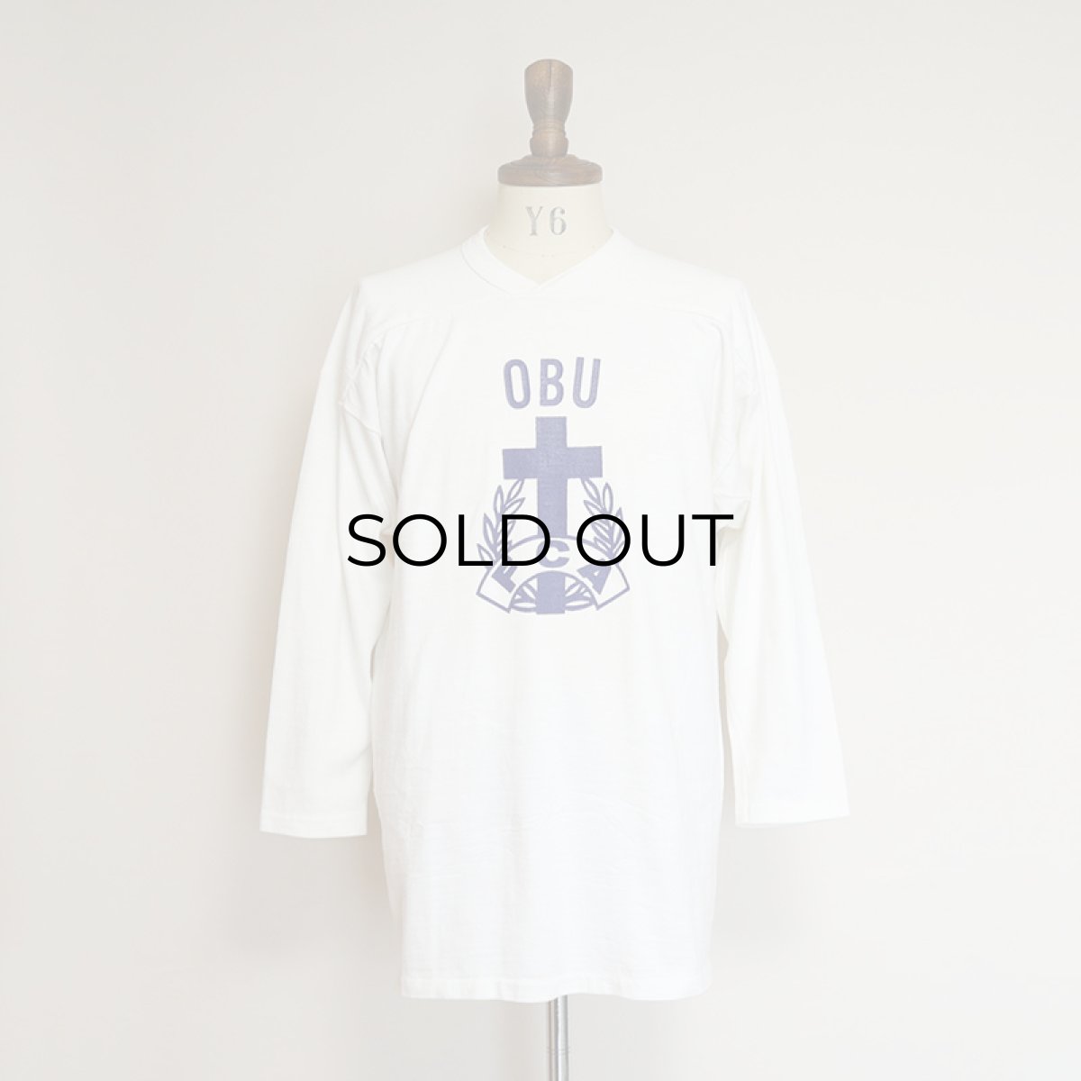 画像12: 〜80's UNKNOWN BRAND COTTON W-PRINT CROPPED SLEEVE FOOTBALL TEE "OBU" (12)