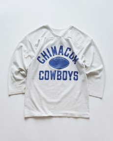 画像1: 〜80's UNKNOWN BRAND W-PRINT CROPPED SLEEVE V NECK FOOTBALL TEE "CHIMACUM COWBOYS" (1)