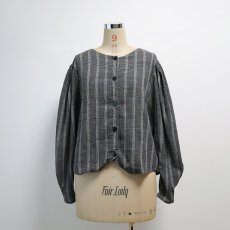 画像9: OLD UNKNOWN BRAND COTTON CHECK TUCK SLEEVE COLLARLESS BLOUSE (9)