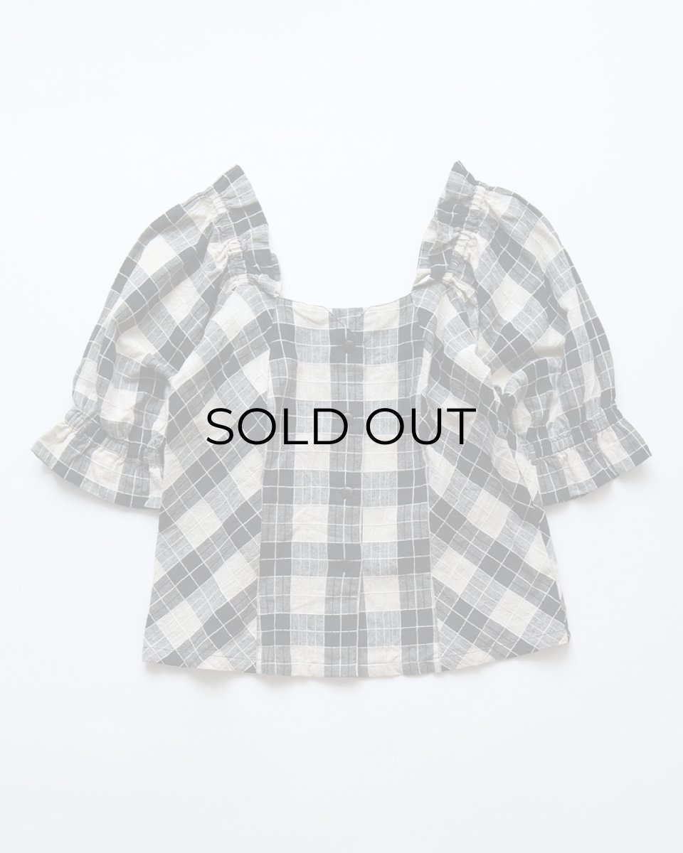 画像1: OLD UNKNOWN BRAND COTTON LINEN CHECK SQUARE FRILL NECK BLOUSE (1)