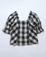 画像1: OLD UNKNOWN BRAND COTTON LINEN CHECK SQUARE FRILL NECK BLOUSE (1)