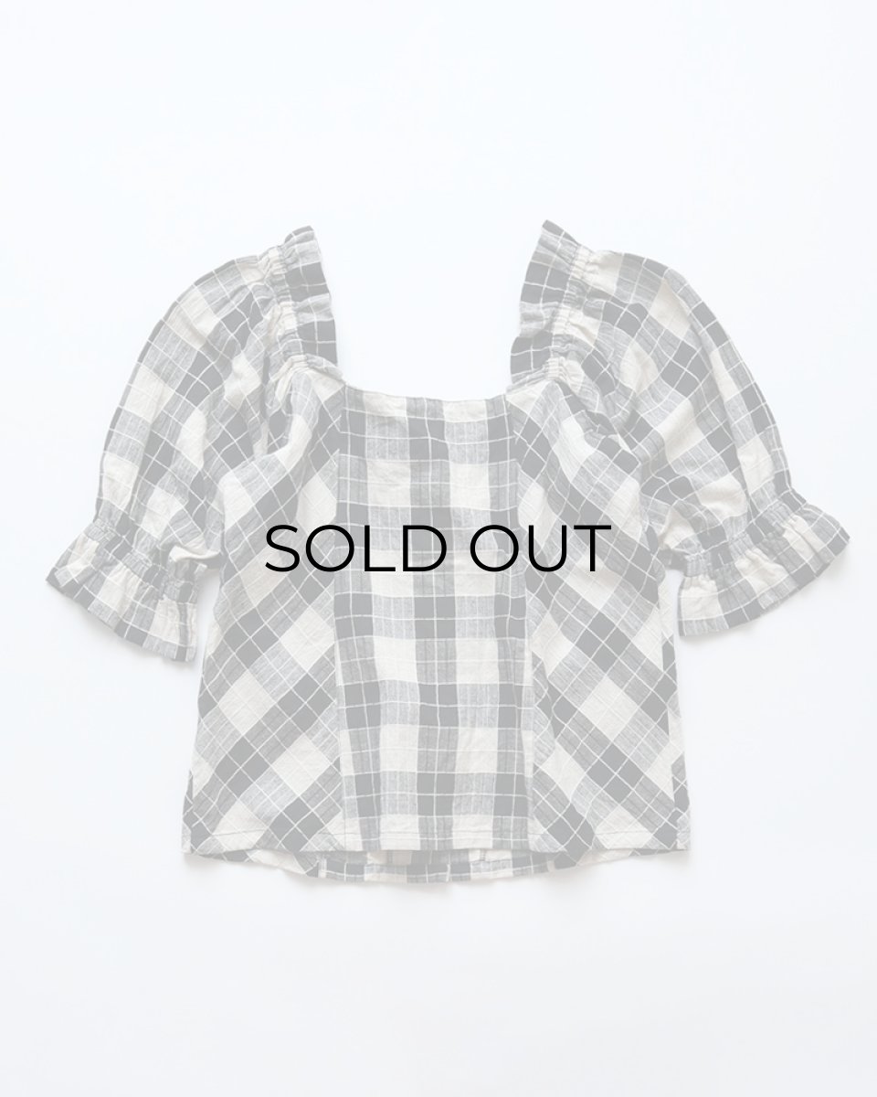 画像2: OLD UNKNOWN BRAND COTTON LINEN CHECK SQUARE FRILL NECK BLOUSE (2)