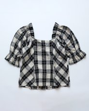 画像2: OLD UNKNOWN BRAND COTTON LINEN CHECK SQUARE FRILL NECK BLOUSE (2)