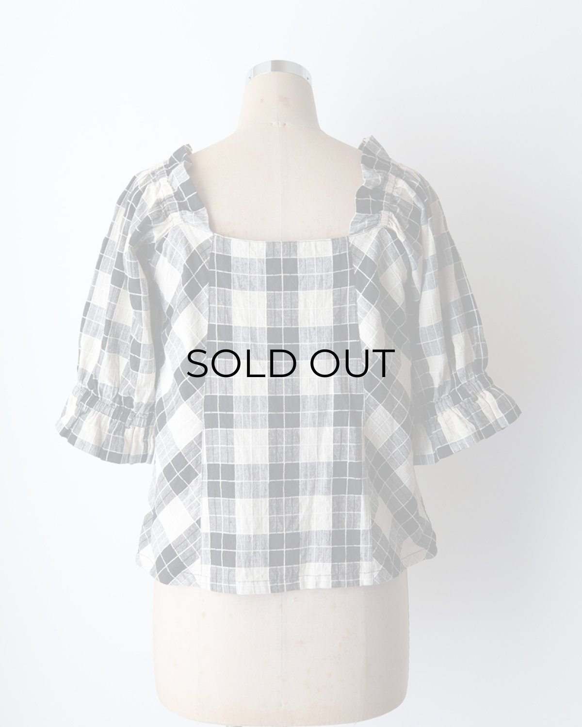 画像11: OLD UNKNOWN BRAND COTTON LINEN CHECK SQUARE FRILL NECK BLOUSE (11)