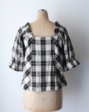 画像11: OLD UNKNOWN BRAND COTTON LINEN CHECK SQUARE FRILL NECK BLOUSE (11)