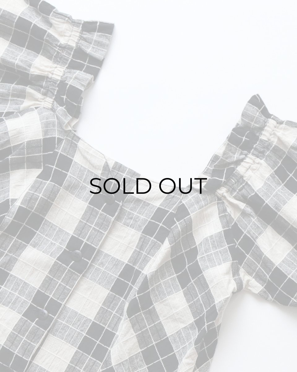画像3: OLD UNKNOWN BRAND COTTON LINEN CHECK SQUARE FRILL NECK BLOUSE (3)