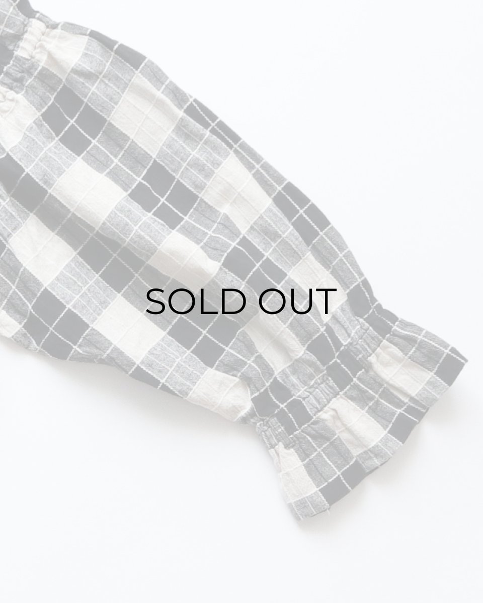 画像6: OLD UNKNOWN BRAND COTTON LINEN CHECK SQUARE FRILL NECK BLOUSE (6)