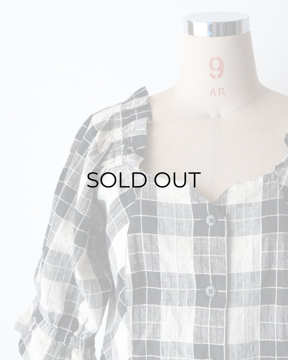 画像8: OLD UNKNOWN BRAND COTTON LINEN CHECK SQUARE FRILL NECK BLOUSE (8)