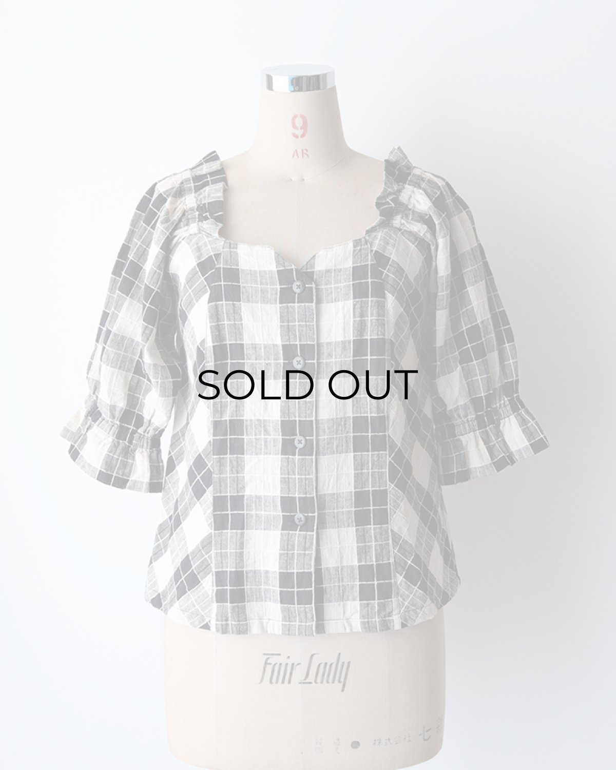 画像9: OLD UNKNOWN BRAND COTTON LINEN CHECK SQUARE FRILL NECK BLOUSE (9)