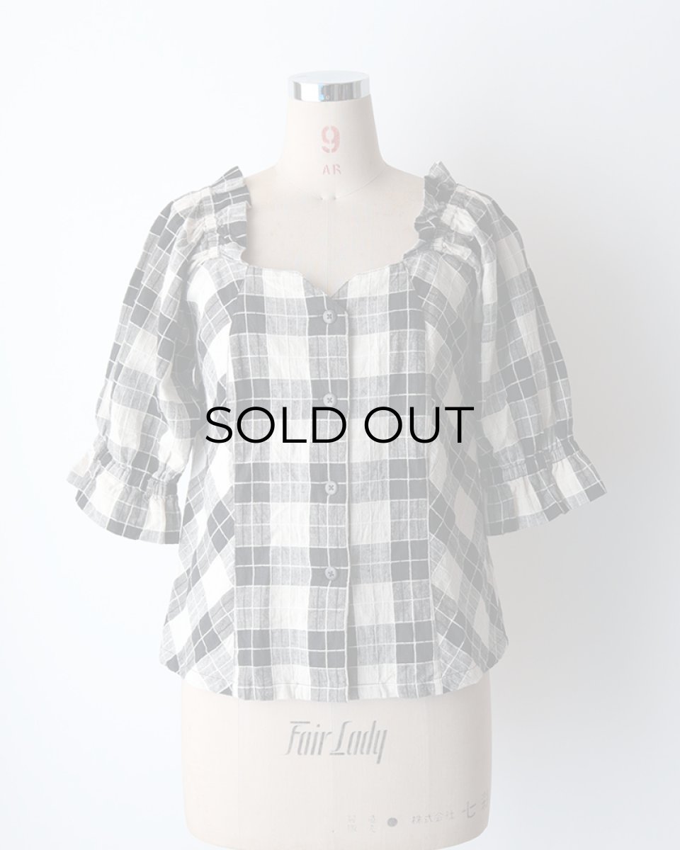 画像9: OLD UNKNOWN BRAND COTTON LINEN CHECK SQUARE FRILL NECK BLOUSE (9)