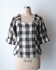 画像9: OLD UNKNOWN BRAND COTTON LINEN CHECK SQUARE FRILL NECK BLOUSE (9)