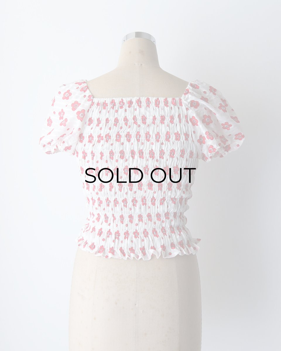 画像9: OLD UNKNOWN BRAND COTTON POLYESTER FLOWER PRINT SHIRRING TOP (9)