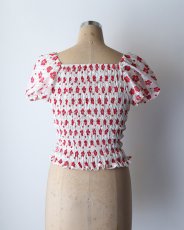 画像9: OLD UNKNOWN BRAND COTTON POLYESTER FLOWER PRINT SHIRRING TOP (9)