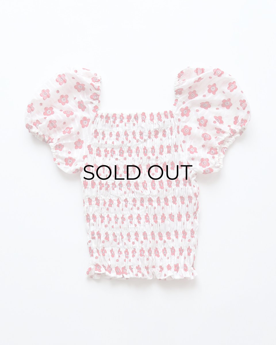 画像2: OLD UNKNOWN BRAND COTTON POLYESTER FLOWER PRINT SHIRRING TOP (2)