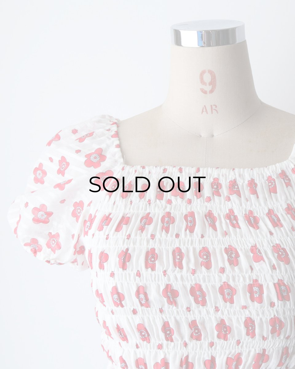 画像6: OLD UNKNOWN BRAND COTTON POLYESTER FLOWER PRINT SHIRRING TOP (6)