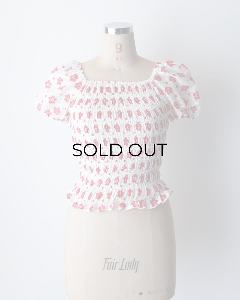 画像7: OLD UNKNOWN BRAND COTTON POLYESTER FLOWER PRINT SHIRRING TOP (7)