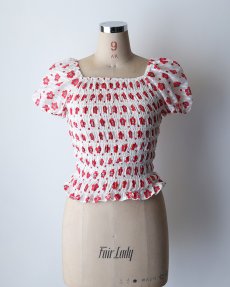 画像7: OLD UNKNOWN BRAND COTTON POLYESTER FLOWER PRINT SHIRRING TOP (7)