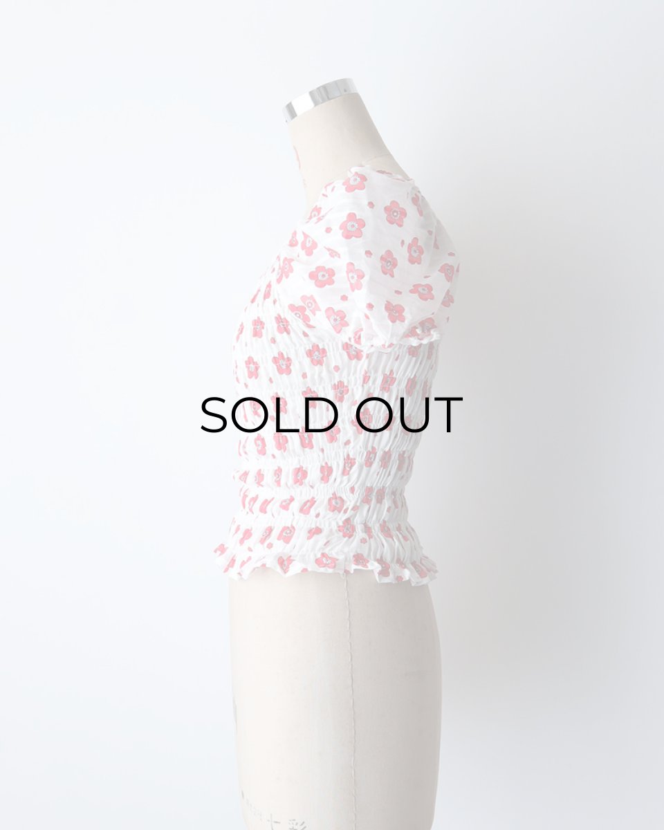 画像8: OLD UNKNOWN BRAND COTTON POLYESTER FLOWER PRINT SHIRRING TOP (8)