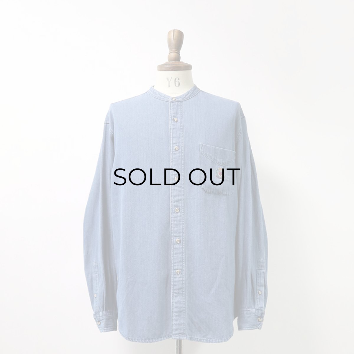 画像1: 90's Hunt Club INDIGO COTTON HERRINGBONE TWILL BAND COLLAR SHIRT (1)