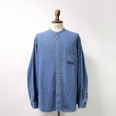 画像1: 90's Hunt Club INDIGO COTTON HERRINGBONE TWILL BAND COLLAR SHIRT (1)