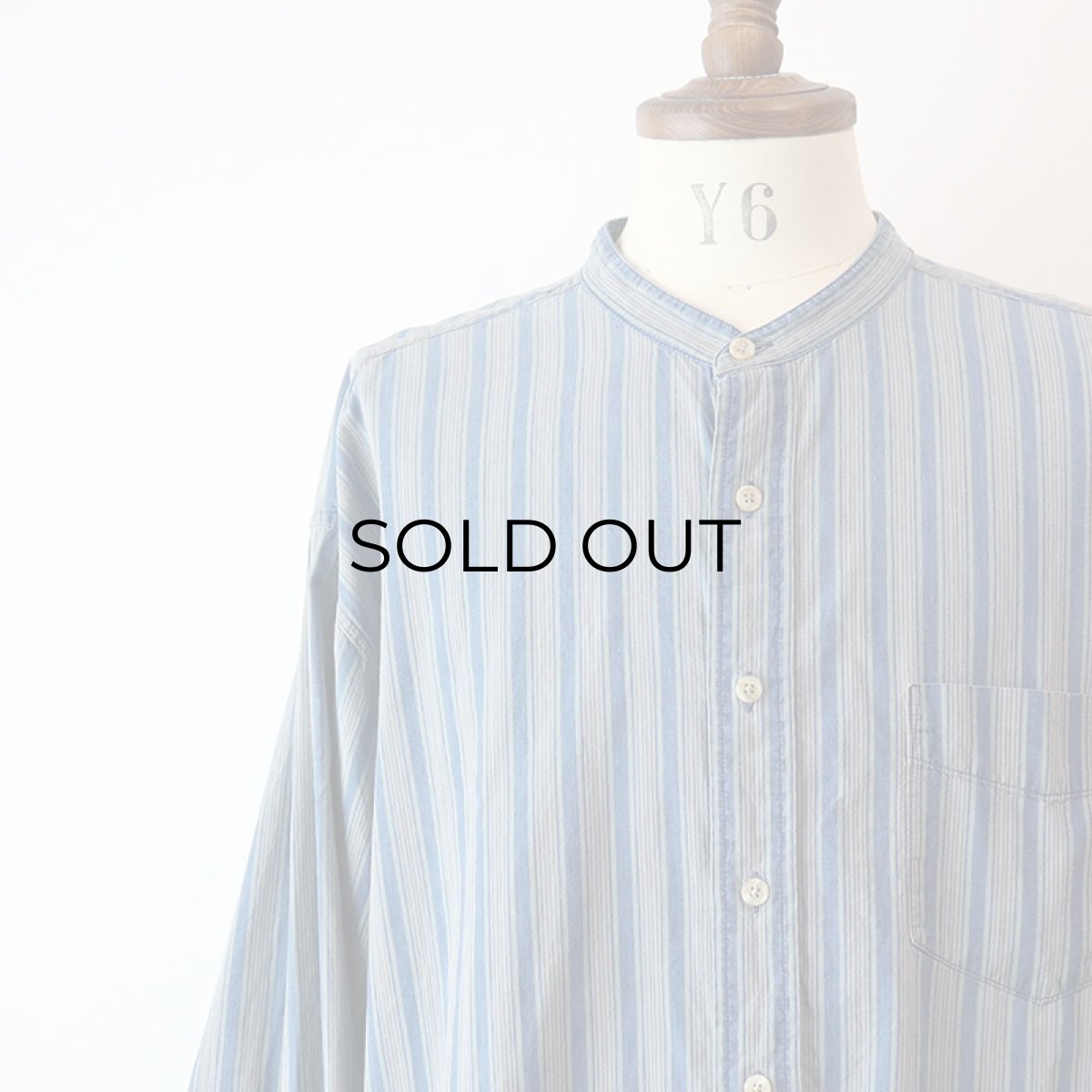 画像9: 90's DOCKERS INDIGO COTTON STRIPE BAND COLLAR SHIRT (9)