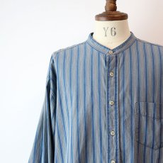 画像9: 90's DOCKERS INDIGO COTTON STRIPE BAND COLLAR SHIRT (9)