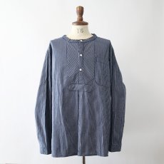 画像9: OLD UNKNOWN BRAND COTTON STRIPE PULLOVER BAND COLLAR GERMAN FISHERMAN'S SHIRT (9)