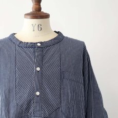 画像12: OLD UNKNOWN BRAND COTTON STRIPE PULLOVER BAND COLLAR GERMAN FISHERMAN'S SHIRT (12)